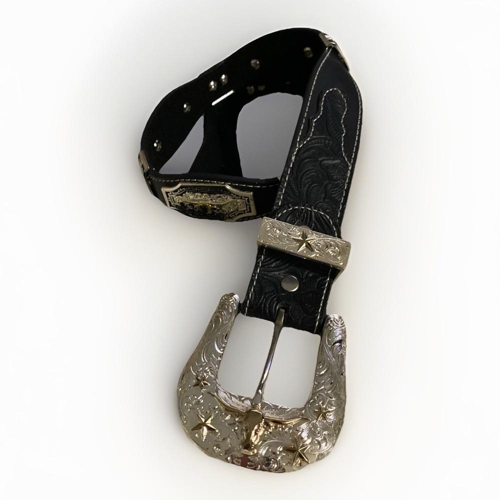 Black Leather Western Concho Belt West Star Texas Longhorn Large Women's Rodeo